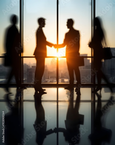 Business professionals shaking hands during corporate meeting at sunset symbolizing partnership agreement trust and successful collaboration