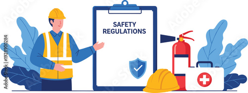 Workplace safety regulations vector illustration with construction worker, clipboard checklist, helmet, fire extinguisher, and first aid kit for compliance training