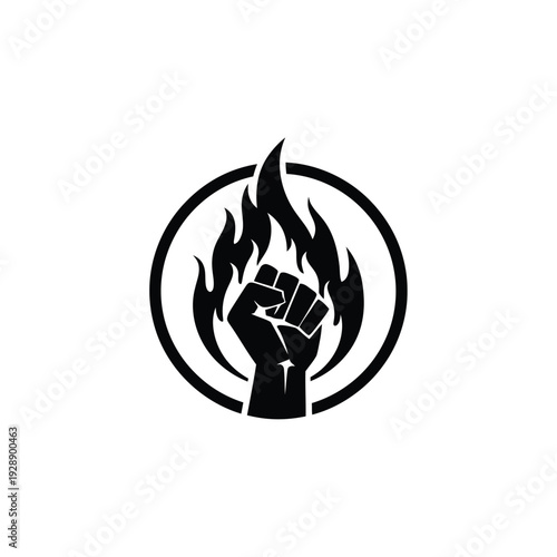 Vector illustration icon black and white icon of a clenched fist surrounded by flames in a circular frame