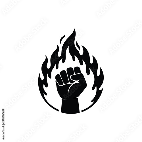Vector illustration icon black silhouette of a clenched fist surrounded by flames