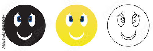 Simple Set of Smiley Face Emoji Icons. Three different smiley face icons in black, yellow and outline styles, representing happiness, positivity and simple emoji design.