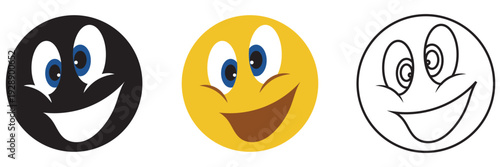 Simple Set of Smiley Face Emoji Icons. Three different smiley face icons in black, yellow and outline styles, representing happiness, positivity and simple emoji design.