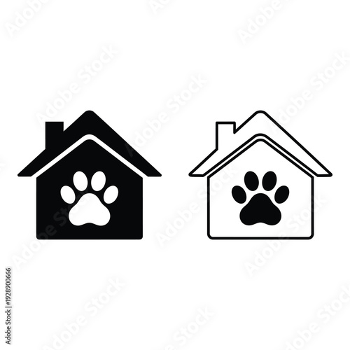 Black and white house icons with animal paw print  pet friendly home symbols icon