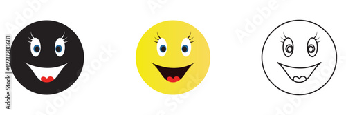 Simple Set of Smiley Face Emoji Icons. Three different smiley face icons in black, yellow and outline styles, representing happiness, positivity and simple emoji design.