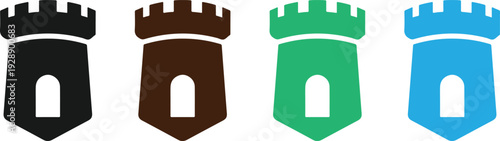 Four medieval castle tower icons in black brown green and blue colors on a transparent background representing strength and history