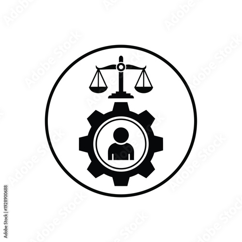 Vector illustration icon black and white icon of a gear and scales of justice in a circular frame