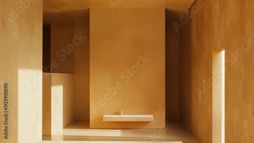 Clean architectural space featuring neutral tones, geometric forms, and soft ambient light casting long shadows across surfaces, creating a serene and modern environment