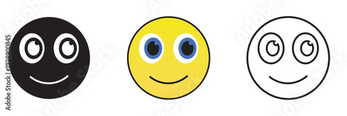 Simple Set of Smiley Face Emoji Icons. Three different smiley face icons in black, yellow and outline styles, representing happiness, positivity and simple emoji design.