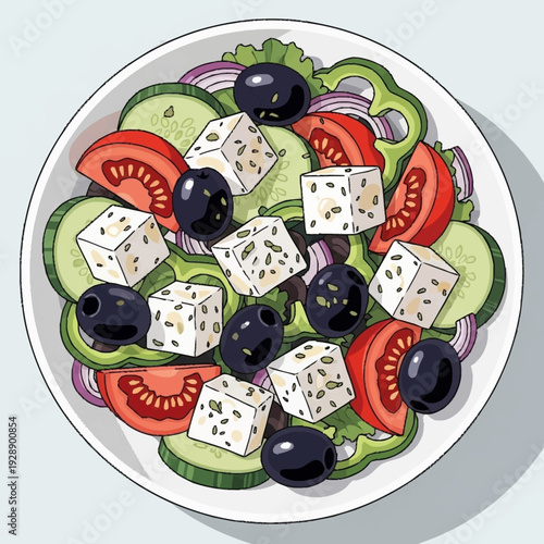 A vibrant and fresh Greek salad with feta cheese, olives, tomatoes, cucumbers, and bell peppers in a white bowl.