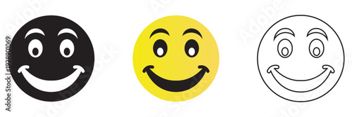 Simple Set of Smiley Face Emoji Icons. Three different smiley face icons in black, yellow and outline styles, representing happiness, positivity and simple emoji design.
