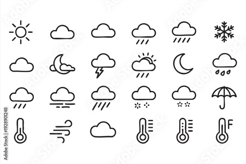 Meteorology line icons featuring rain, sun, storm, and temperature symbols
