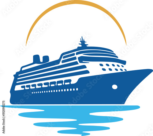 Modern cruise ship sailing on ocean water under sun arch symbolizes vacation travel and luxury sea adventures and relaxation