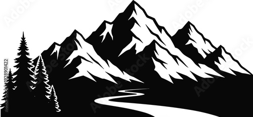 Vector illustration of mountainous landscape with jagged peaks, snowcaps, winding river, and evergreen trees in black and white silhouette style