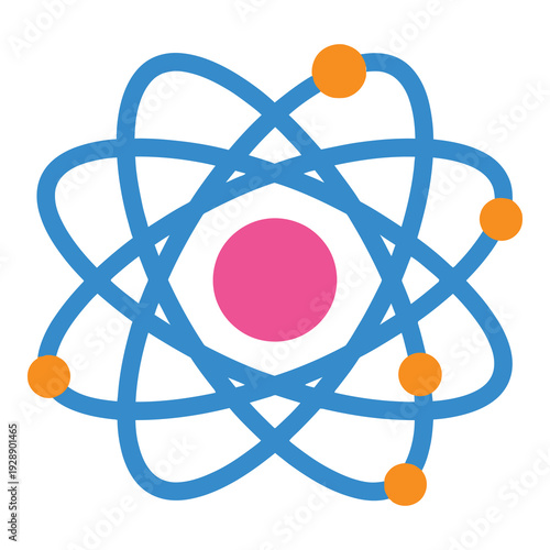 Colorful illustration of an atom with blue orbits and particles icon