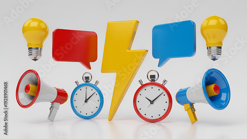 Colorful 3d icons of communication time and ideas with lightbulbs clocks megaphones and speech bubbles on white background for business concepts
