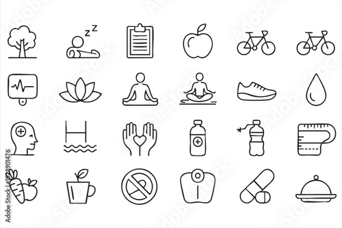 Health and wellness outline icon set for fitness and lifestyle design