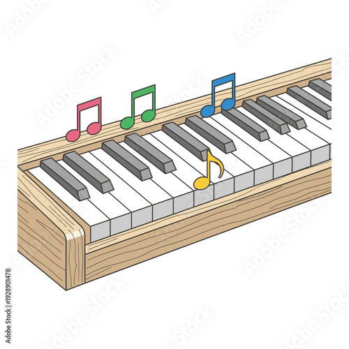 Colorful music notes on piano keyboard with wooden frame isolated on white background icon
