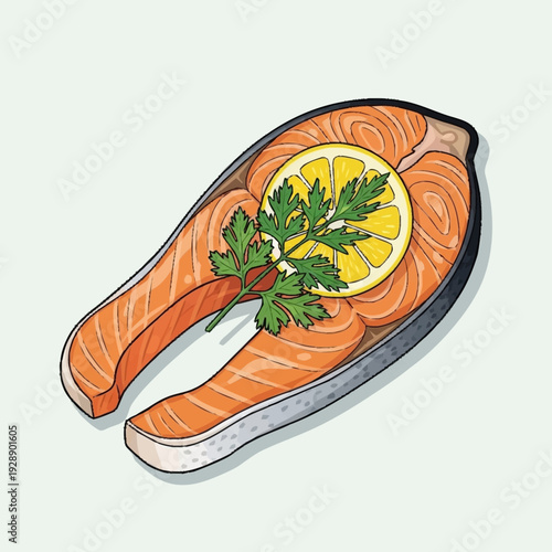 A vibrant illustration of a fresh salmon steak garnished with a bright yellow lemon slice and green parsley, ready for cooking or serving.