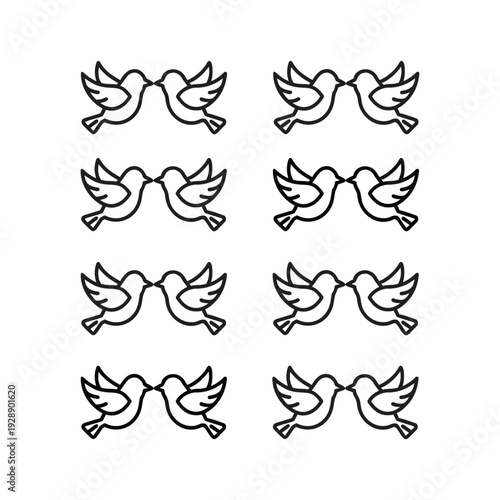 Kissing Dove Pair Line Art Pattern - Lovebirds Icon Repeat for Wedding, Romance and Peace Designs-27-02-004