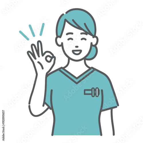 OKサインを出すスクラブ姿の女性医療従事者のイラスト（上半身）
