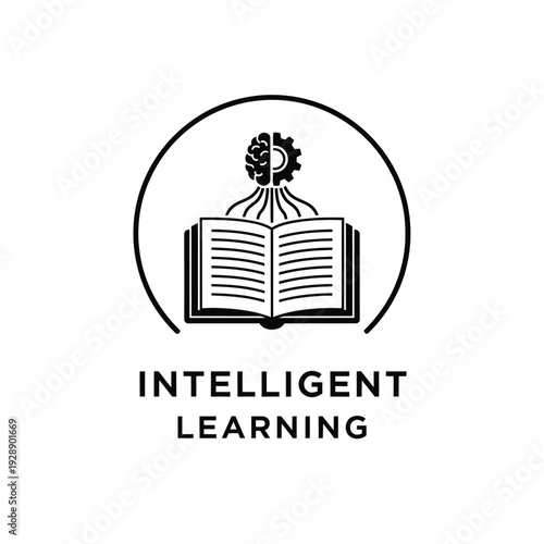 Vector illustration icon intelligent learning concept with brain and gears emerging from an open book illustration