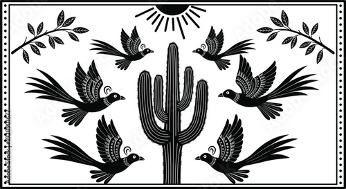 Vector illustration of stylized cactus with birds, sun, and branches symbolizing desert wildlife, culture, tradition, and education