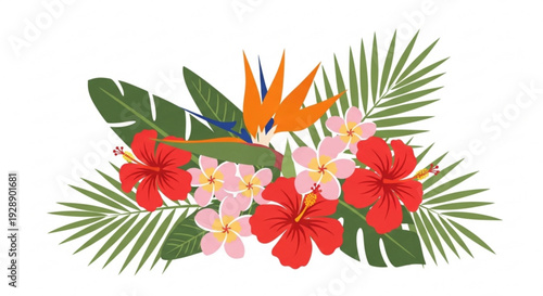 Vibrant tropical floral arrangement with bird of paradise hibiscus and palm leaves on white background exotic summer flowers