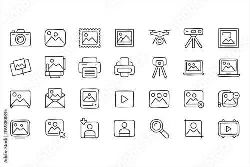 Digital photography outline icon collection for creative software interfaces