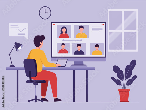 Man sitting at desk with computer and laptop in modern home office with video conference on screen  remote work and communication concept