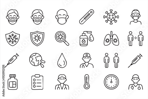 Covid and healthcare symbol collection for vaccination and safety awareness