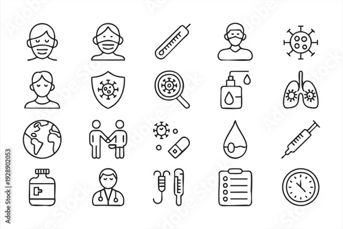 Modern medical outline icons featuring doctor, virus, and immunity concepts