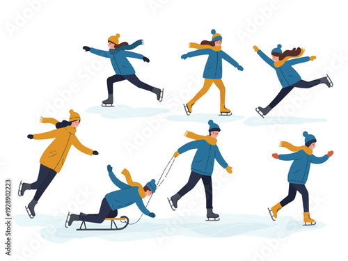 People ice skating in various poses on a frozen surface in winter clothing  fun and playful activities on ice skates