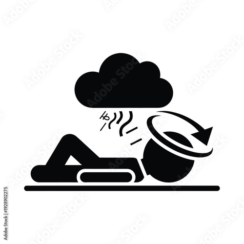 Vector illustration icon person lying on back with cloud and rotating head silhouette