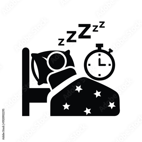 Vector illustration icon person sleeping peacefully in bed with alarm clock and stars