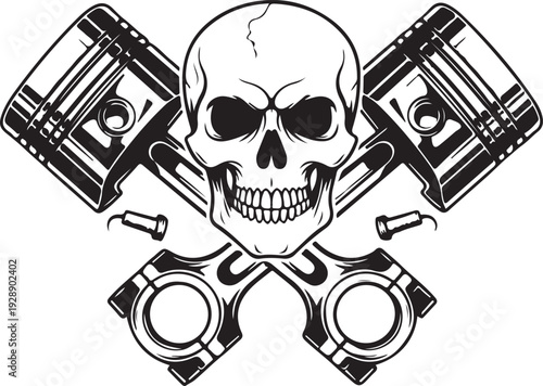 Skull and cross pistons vintage vector illustration, depicting a bold and edgy design for motorcycle enthusiasts and classic car culture merchandise