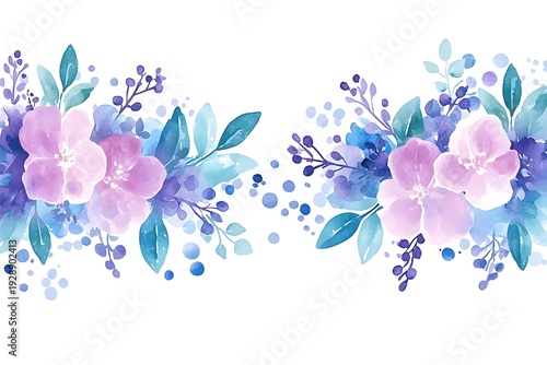 Beautiful Watercolor Floral Arrangement with Purple and Pink Flowers and Green Leaves