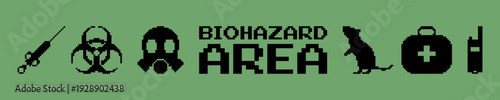 Vector icon set in pixel art style with biohazard theme on sage green background. Black warning symbols, syringe, gas mask, radio transmitter,  rat and first aid kit in retro 8-bit game style. 