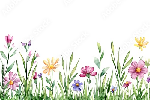 Colorful Wildflower Garden Scene with Vibrant Green Grass and White Background