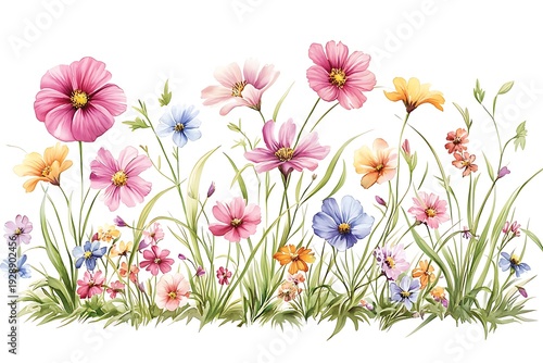 Colorful Floral Arrangement with Various Blossoms and Greenery on a White Background