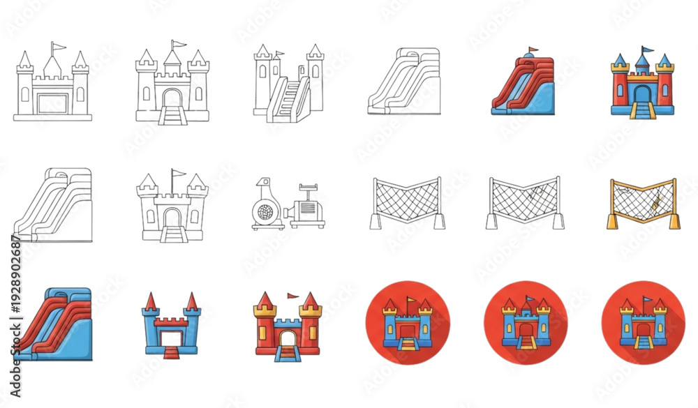 Fototapeta premium A set of colorful illustrations of bouncy castles and slides for kids