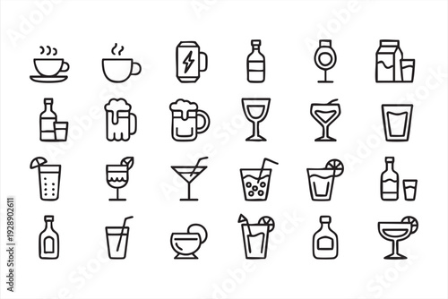 Beverage outline symbols featuring coffee, beer, wine, and cocktails