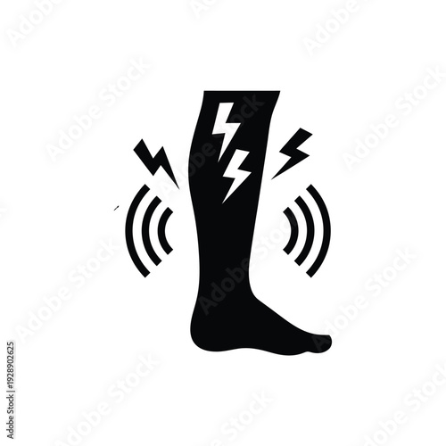 Vector illustration icon black silhouette of a leg with pain indicated by lightning bolts and vibration symbols