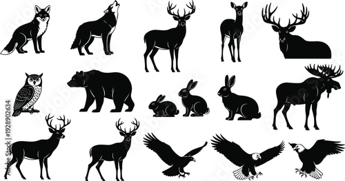 Vector illustration of stylized North American wildlife including fox, wolf, deer, bear, moose, and eagle symbolizing nature and education