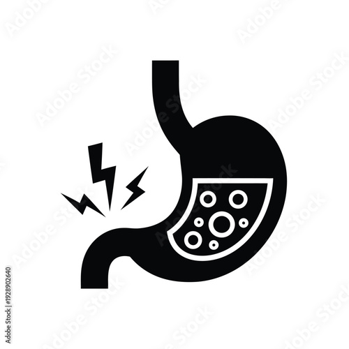 Vector illustration icon black silhouette of a stomach with pain and bubbles inside on a isolated