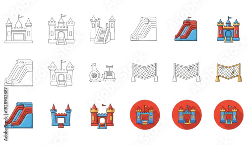 A set of colorful illustrations of bouncy castles and slides for kids