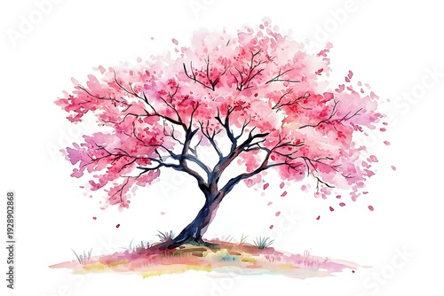 Pink Blossom Tree in Watercolor Art Print with Delicate Petals and Charming Atmosphere