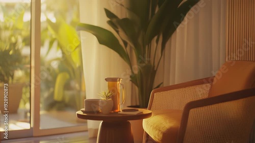 Inviting living room with mid century armchair and side table bathed in warm golden hour sunlight through large windows, creating a calm, cozy, plant filled reading nook