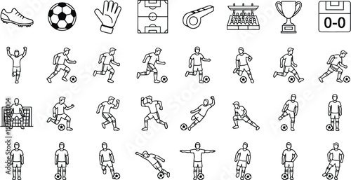 Soccer Icons: A collection of soccer-themed line art icons, each representing a key element of the sport. From players to equipment and trophies.