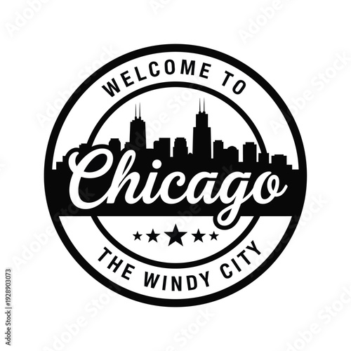 Vector illustration icon welcome to chicago the windy city black and white emblem with skyline