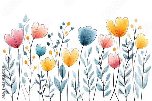 Vibrant Floral Illustration with Colorful Flowers and Greenery on Clean White Background